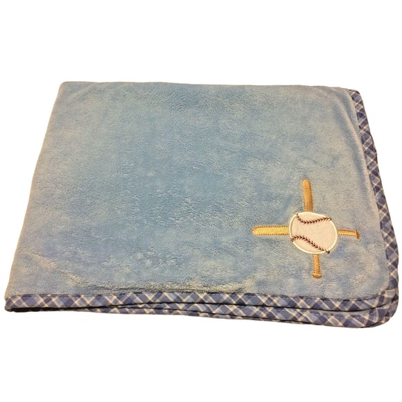 Cocalo Boy Baby Blanket Blue Baseball‎ Applique Plaid Trim Binding 32 x 27 - Picture 1 of 6